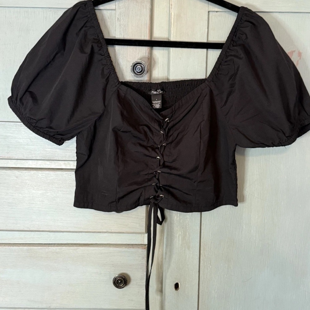 Rue 21 Junior’s Crop Top Corset Tie Front Size L Black Y2K Whimsigoth Fairy